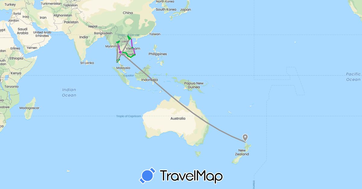 TravelMap itinerary: driving, bus, plane, train in Cambodia, New Zealand, Thailand, Vietnam (Asia, Oceania)