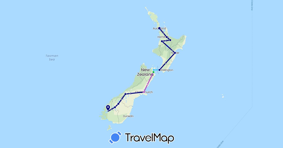 TravelMap itinerary: driving, bus, train, boat in New Zealand (Oceania)